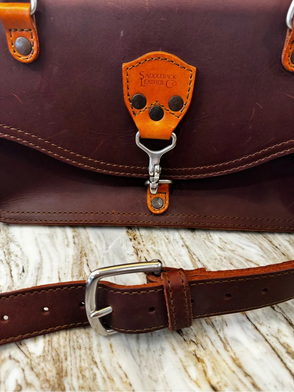Saddleback Leather Satchel Bag - chestnut Brown with Tan Handles